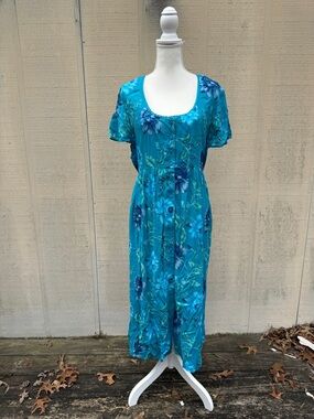 April Cornell Teal Floral Button-Front Midi Dress